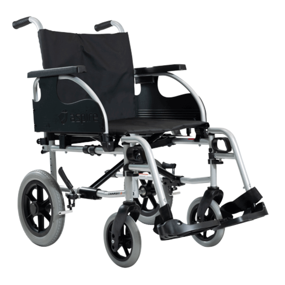 Aspire Transit 3 Folding Ward Wheelchair with black vinyl upholstery, swing-away footrests, and steel frame – ideal for clinical environments.