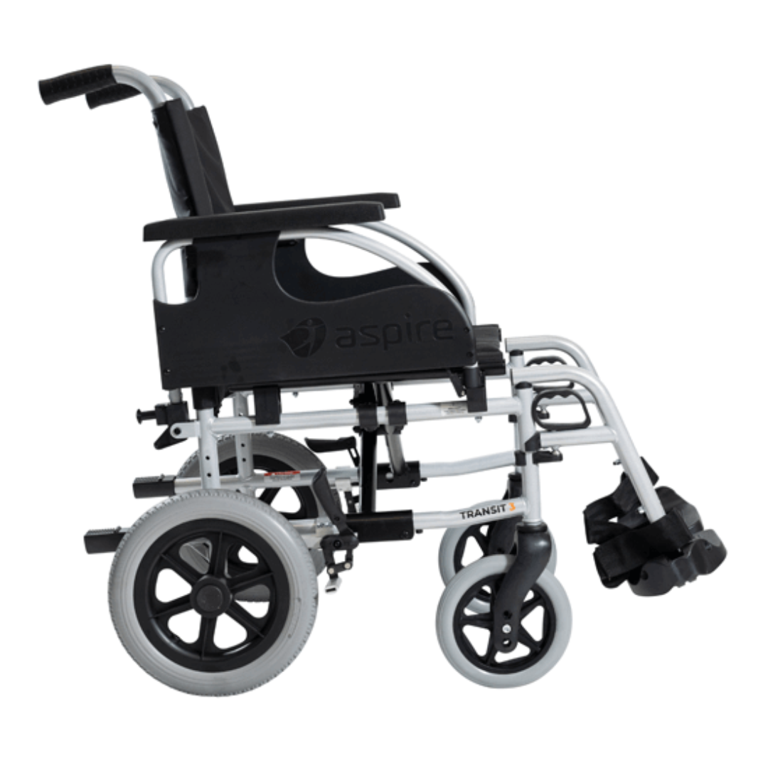 Aspire Transit 3 Folding Ward Wheelchair with black vinyl upholstery, swing-away footrests, and steel frame – ideal for clinical environments.