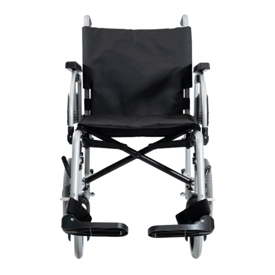Aspire Transit 3 Folding Ward Wheelchair with black vinyl upholstery, swing-away footrests, and steel frame – ideal for clinical environments.