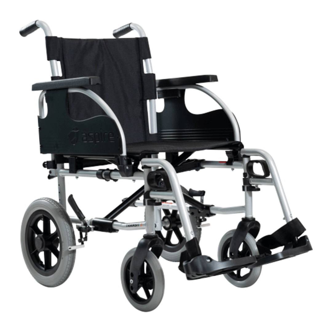 Aspire Transit 3 Folding Wheelchair with black steel frame, swing-away footrests, and padded armrests for attendant-assisted mobility.