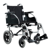 Aspire Transit 3 Folding Wheelchair with black steel frame, swing-away footrests, and padded armrests for attendant-assisted mobility.