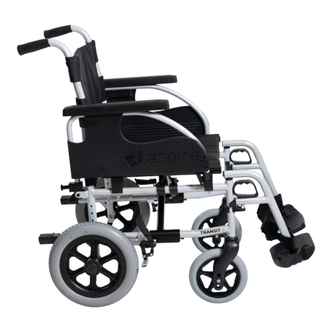 Aspire Transit 3 Folding Wheelchair with black steel frame, swing-away footrests, and padded armrests for attendant-assisted mobility.