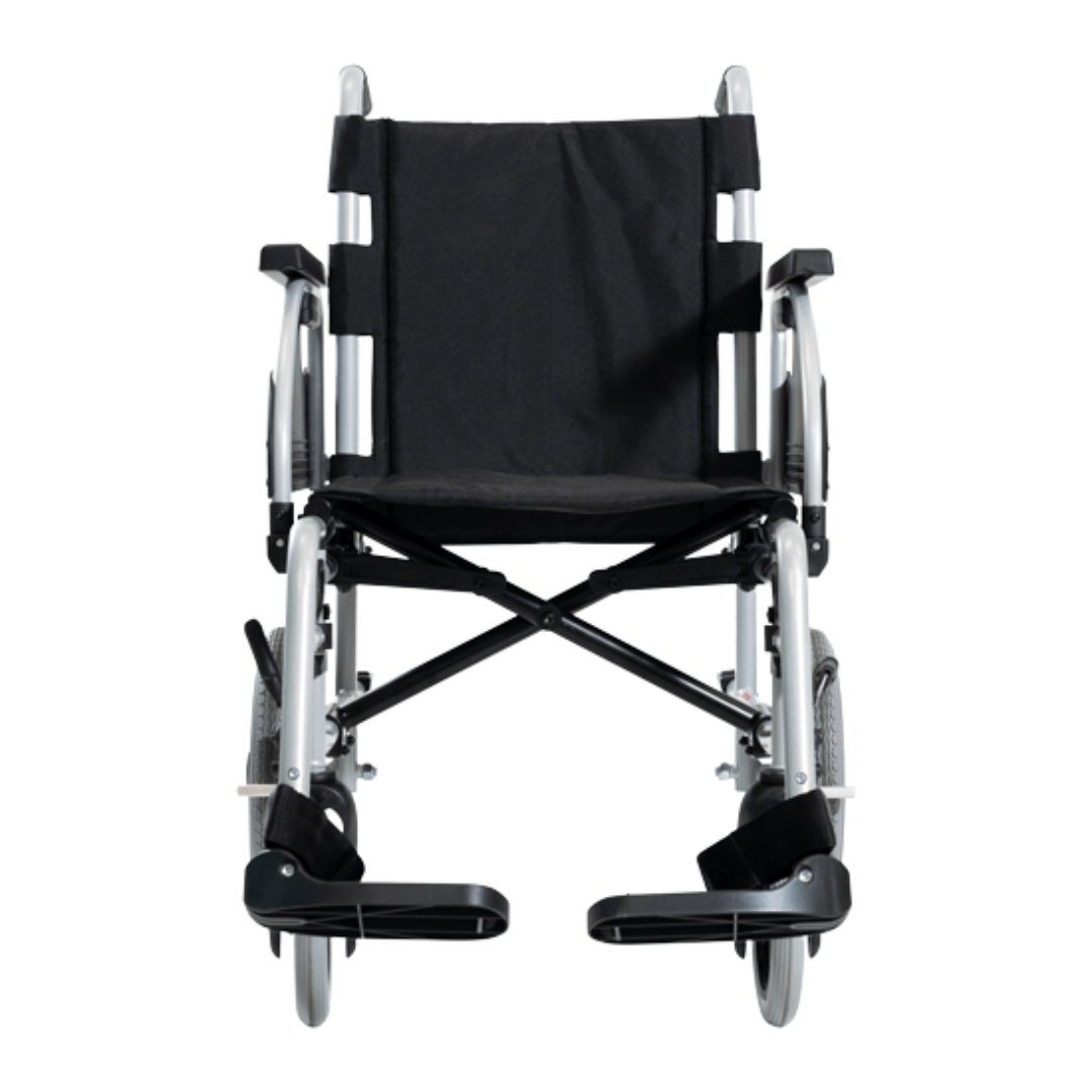 Aspire Transit 3 Folding Wheelchair with black steel frame, swing-away footrests, and padded armrests for attendant-assisted mobility.