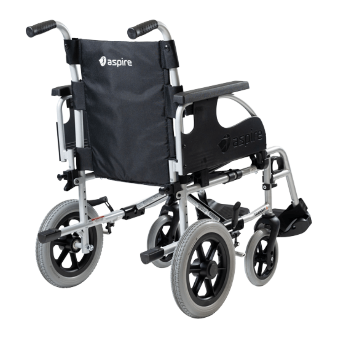 Aspire Transit 3 Folding Wheelchair with black steel frame, swing-away footrests, and padded armrests for attendant-assisted mobility.