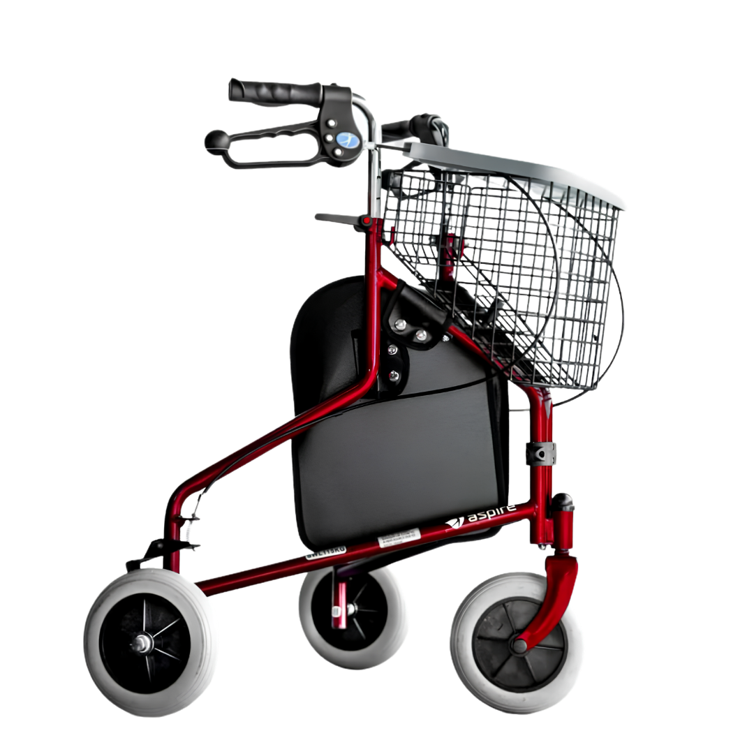 Aspire Tri Wheel Walker, lightweight three‑wheel design with 115kg safe working load, 71.5cm width, 82.5–92.5cm height, compact mobility support. 