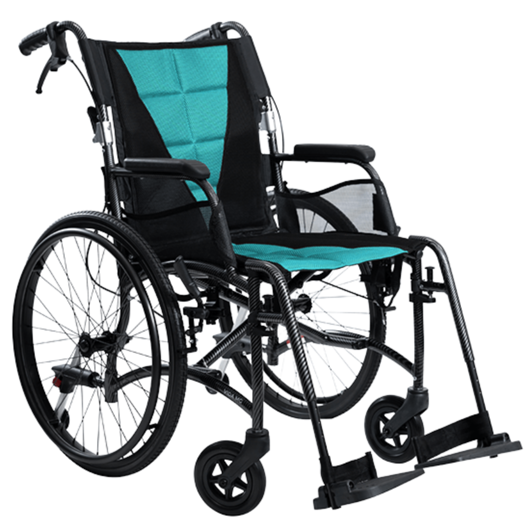 Aspire VIDA X Folding Wheelchair with adjustable armrests, swing-away leg rests, and large self-propelling rear wheels in a charcoal aluminium frame.