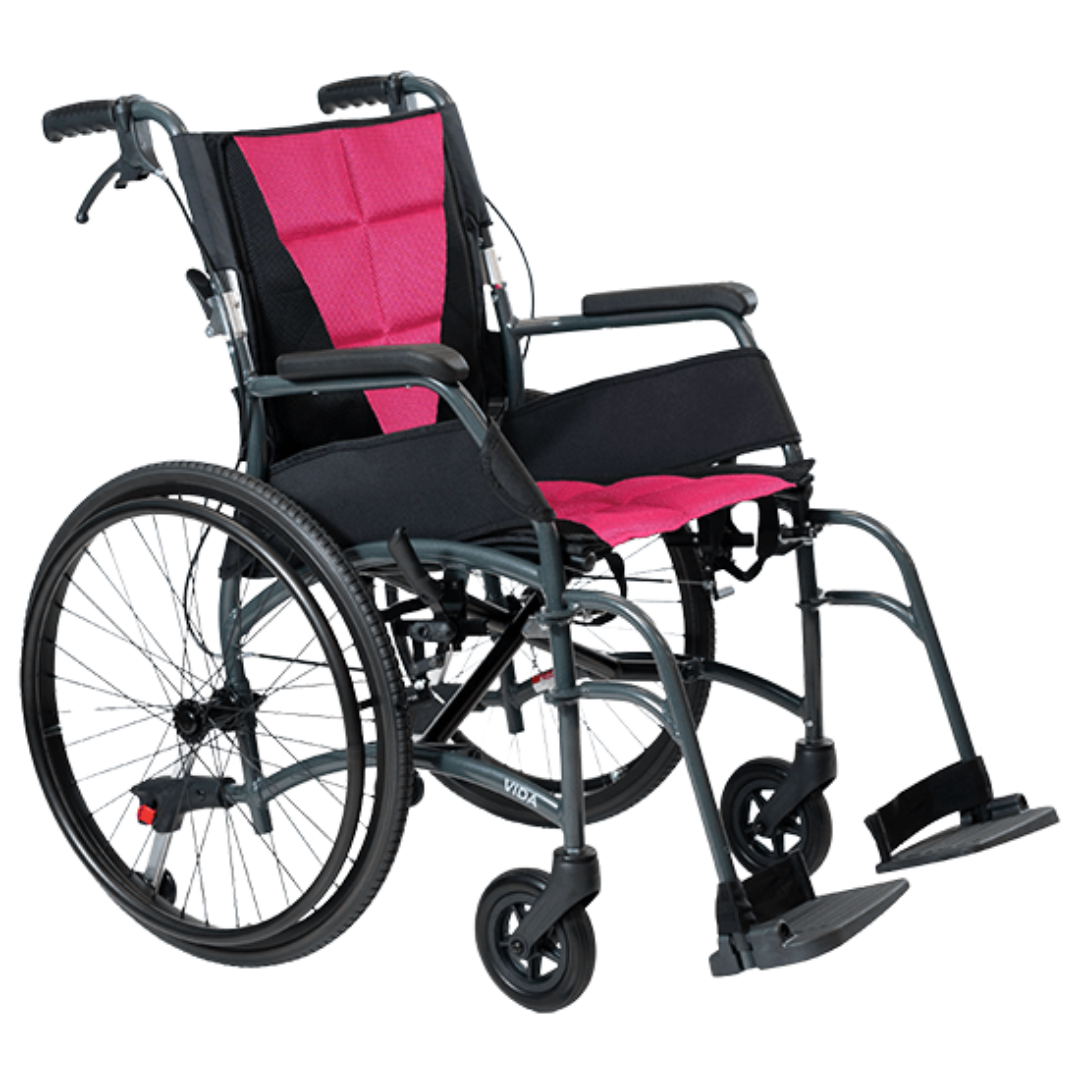 Aspire Vida Folding Manual Wheelchair with attendant brakes, swing-away footrests, and padded seat for caregiver-assisted mobility.