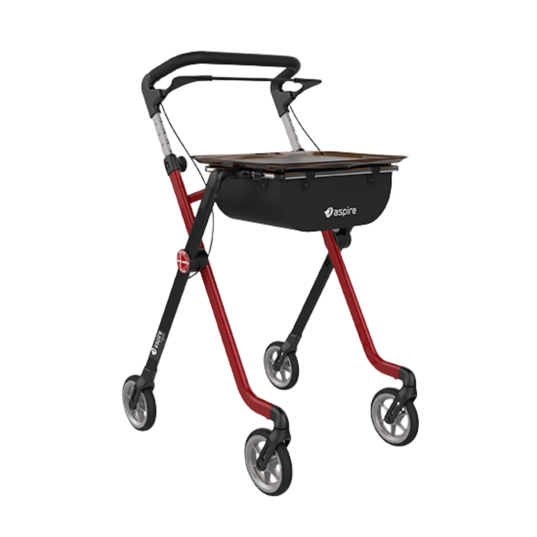Compact Aspire Vogue Indoor Walker in red and black, lightweight 5.1kg frame, 86–97cm height range, 110kg safe working load.