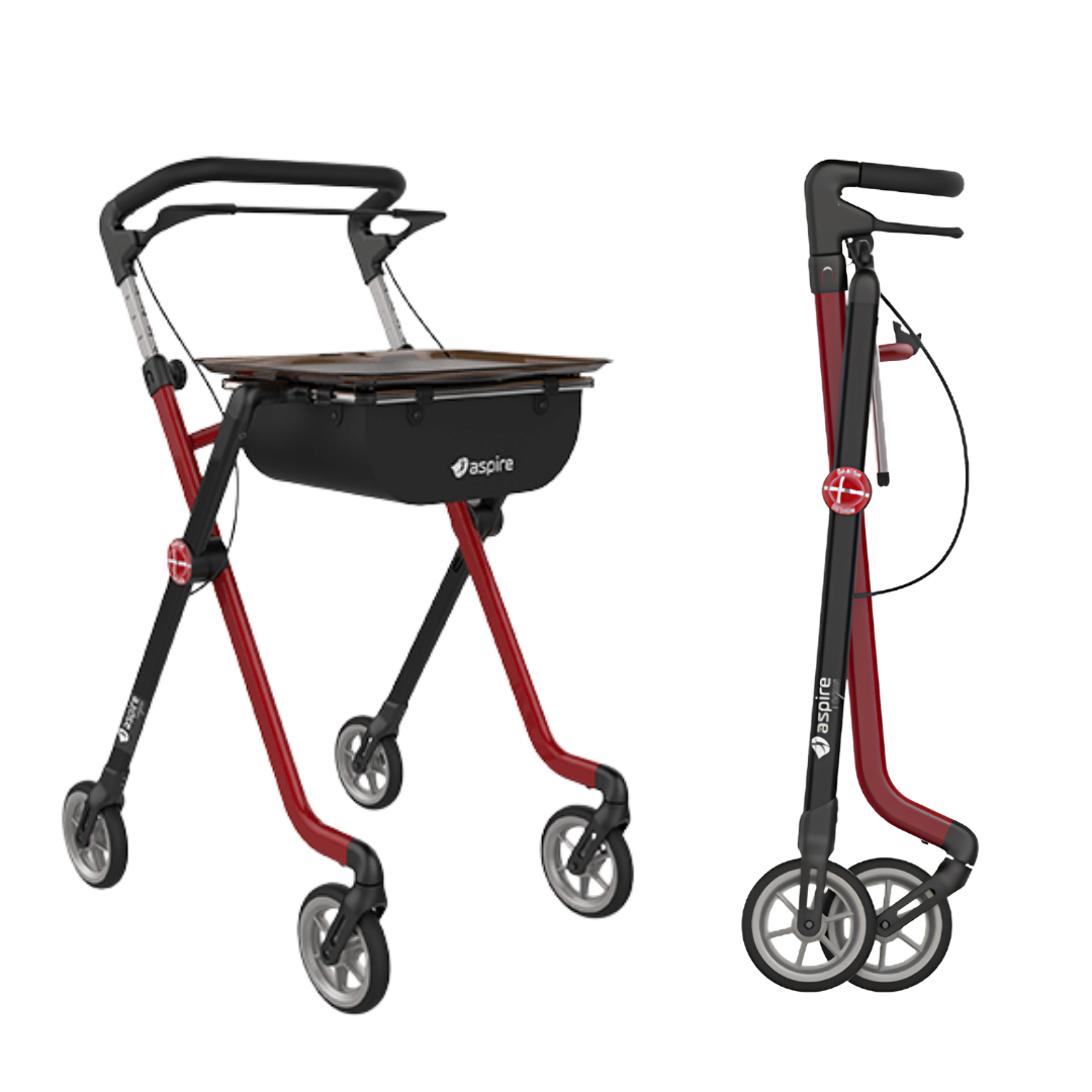 Compact Aspire Vogue Indoor Walker in red and black, lightweight 5.1kg frame, 86–97cm height range, 110kg safe working load.