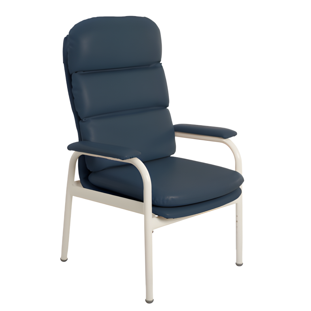 Aspire Waterfall Day Chair available in Ink Vinyl, Mocha Fabric, Oatmeal Fabric, and Latte Vinyl, designed for supportive comfort in aged care and home use.