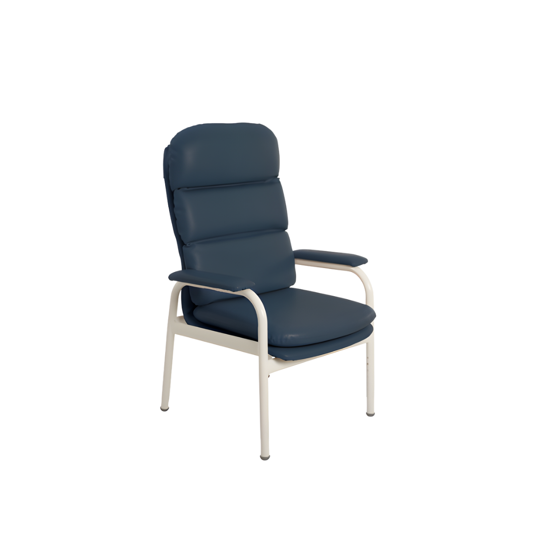 Aspire Waterfall Day Chair available in Ink Vinyl, Mocha Fabric, Oatmeal Fabric, and Latte Vinyl, designed for supportive comfort in aged care and home use.