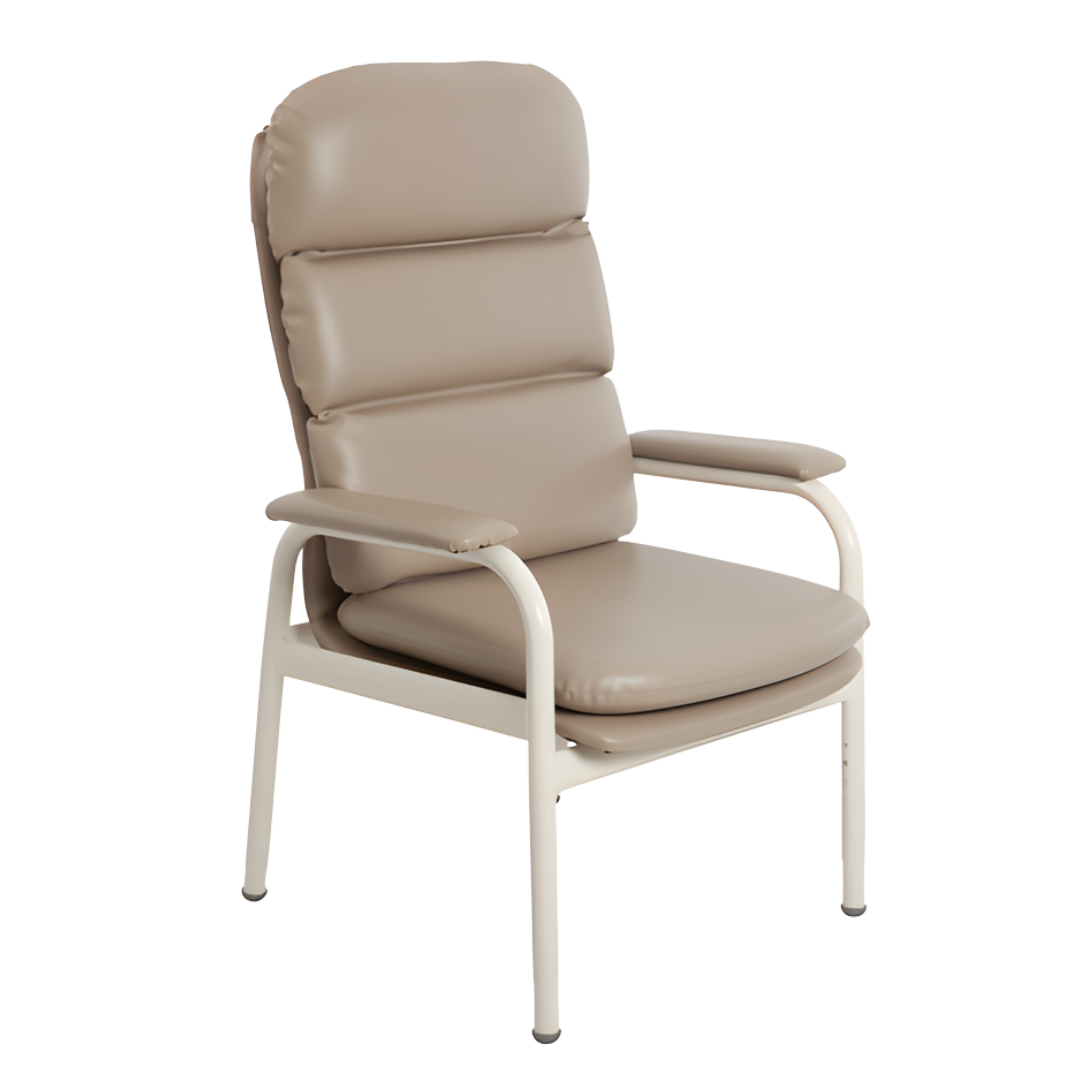 Aspire Waterfall Day Chair with waterfall backrest, cushioned seat, and variants in vinyl and fabric for aged care and home comfort.
