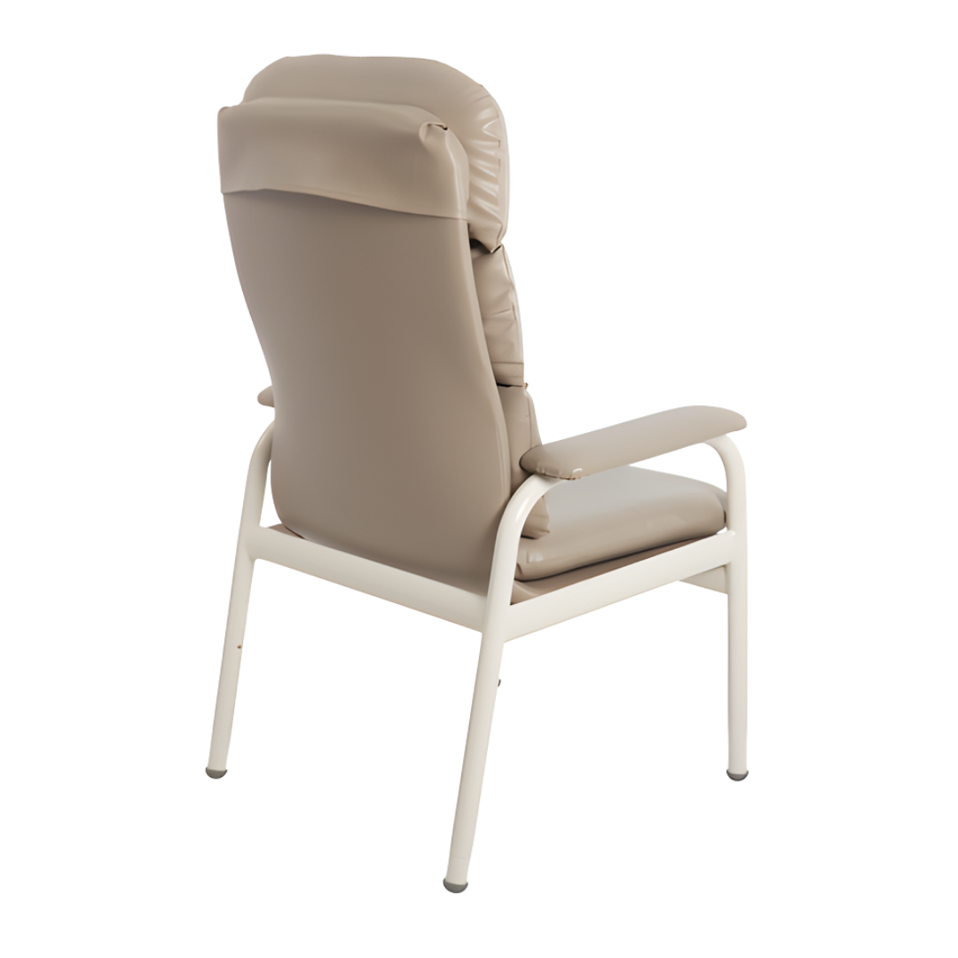 Aspire Waterfall Day Chair with waterfall backrest, cushioned seat, and variants in vinyl and fabric for aged care and home comfort.
