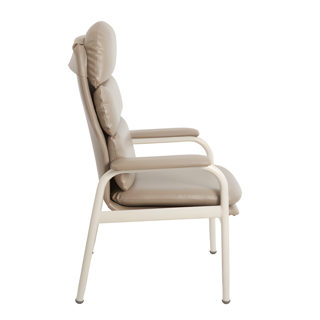 Aspire Waterfall Day Chair with waterfall backrest, cushioned seat, and variants in vinyl and fabric for aged care and home comfort.