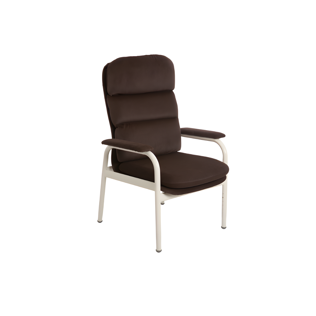 Aspire Waterfall Day Chair in Ink Vinyl, Mocha Fabric, Oatmeal Fabric, and Latte Vinyl, offering supportive seating and comfort for aged care and home use.