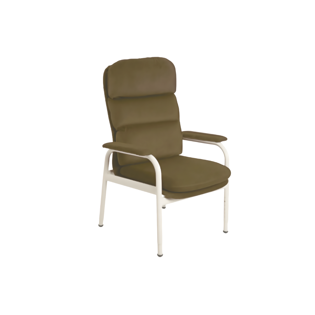 Aspire Waterfall Day Chair in Ink Vinyl, Mocha Fabric, Oatmeal Fabric, and Latte Vinyl, designed for supportive seating and everyday comfort in aged care or home use.