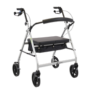 Heavy‑duty Aspire XL Seat Walker in silver, bariatric design with 180kg safe working load, 49.5cm seat width, 85–98.2cm adjustable height.