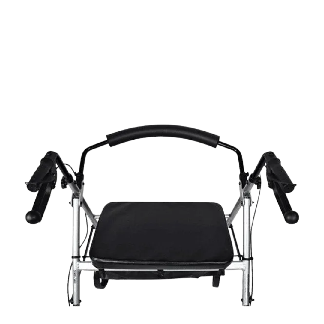 Heavy‑duty Aspire XL Seat Walker in silver, bariatric design with 180kg safe working load, 49.5cm seat width, 85–98.2cm adjustable height.