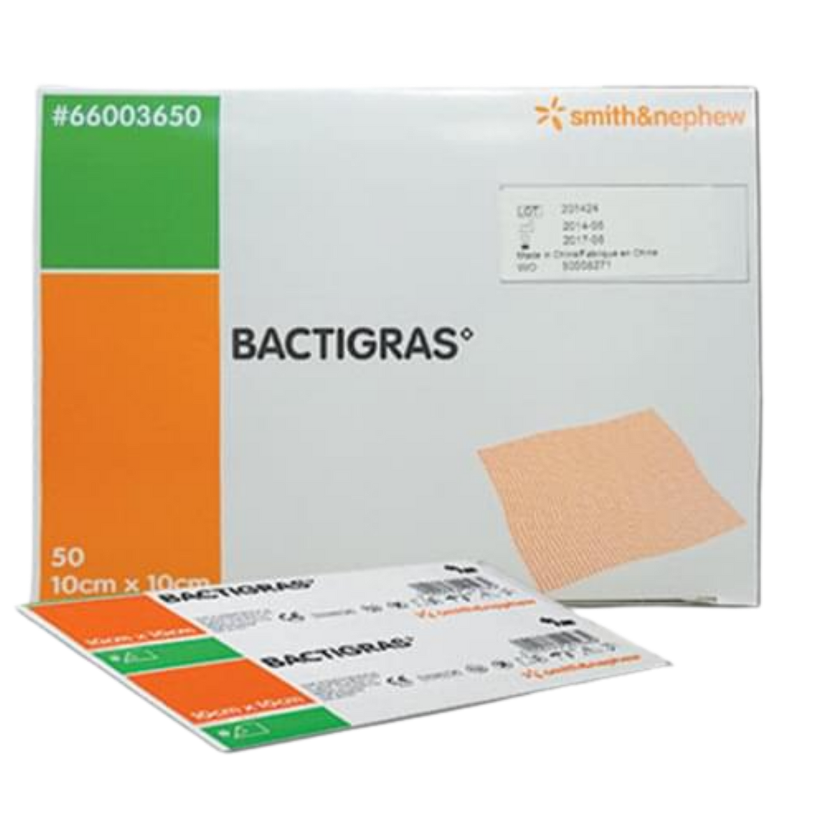 Smith & Nephew Bactigras 10x10cm 50-pack dispenser box shown on a transparent background.