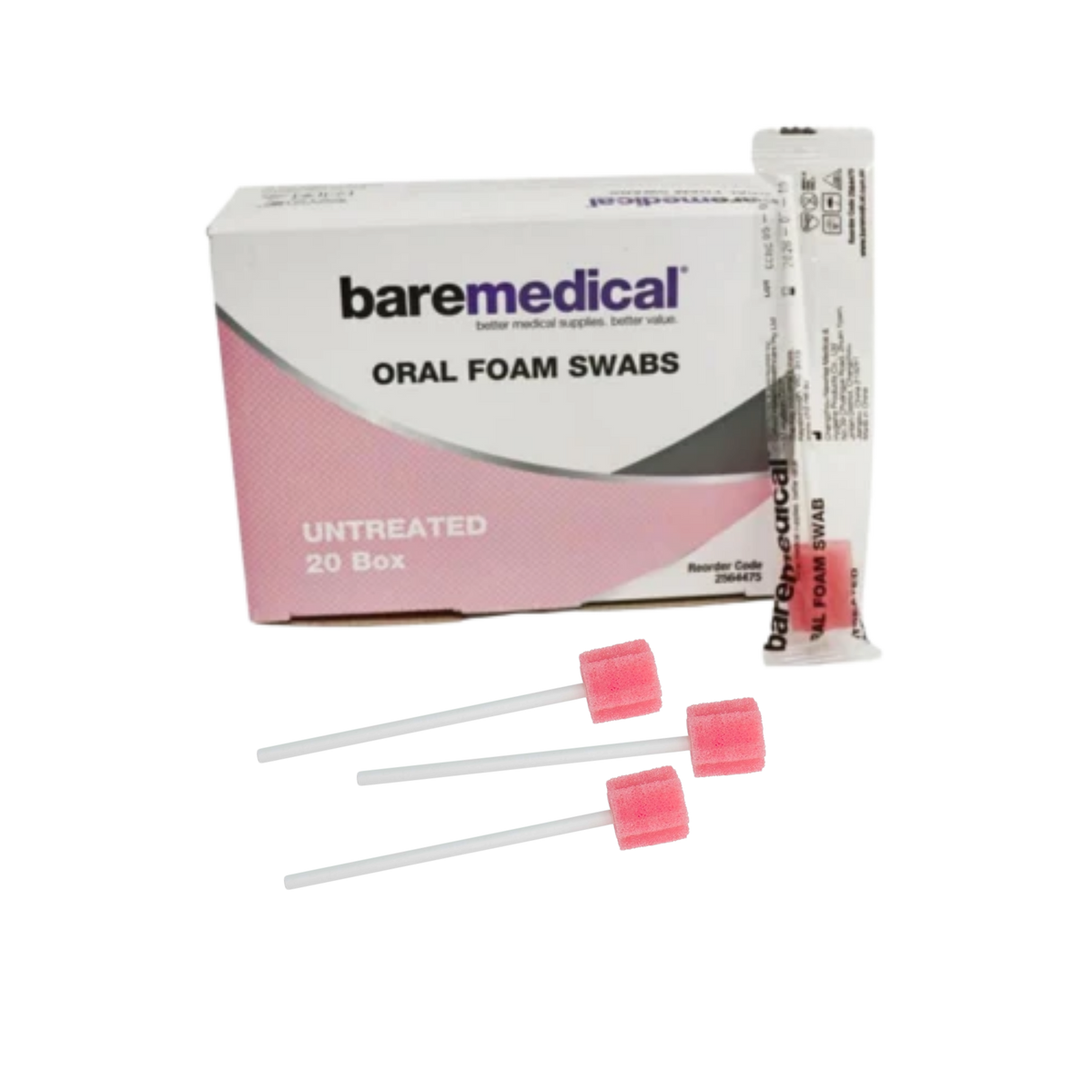 Baremedical Untreated Oral Foam Swabs product set on a transparent background, featuring a white and pink 20-count dispenser box, a single sealed paper wrapper, and three pink square foam swabs on white plastic handles.