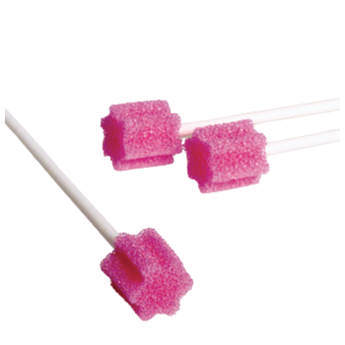 Close-up view of three pink aster-head foam oral swabs attached to white plastic sticks, designed for BareMed Toothette untreated oral hygiene care, on a transparent background.