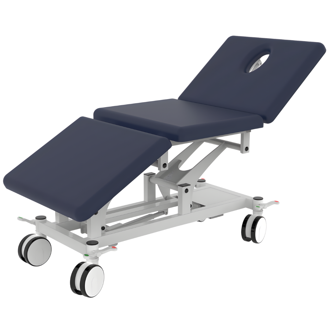 Bariatric Three Section All Electric Treatment Couch in navy blue, designed for safe, comfortable patient positioning with reinforced frame and electric controls.