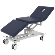 Bariatric Three Section All Electric Treatment Couch in navy blue, designed for safe, comfortable patient positioning with reinforced frame and electric controls.