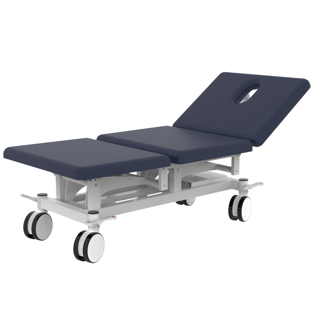 Bariatric Three Section All Electric Treatment Couch in navy blue, designed for safe, comfortable patient positioning with reinforced frame and electric controls.
