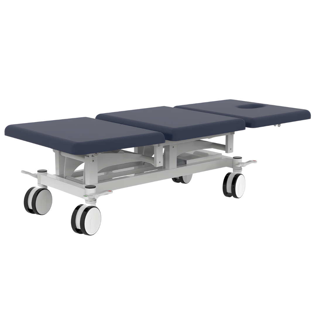 Bariatric Three Section All Electric Treatment Couch in navy blue, designed for safe, comfortable patient positioning with reinforced frame and electric controls.