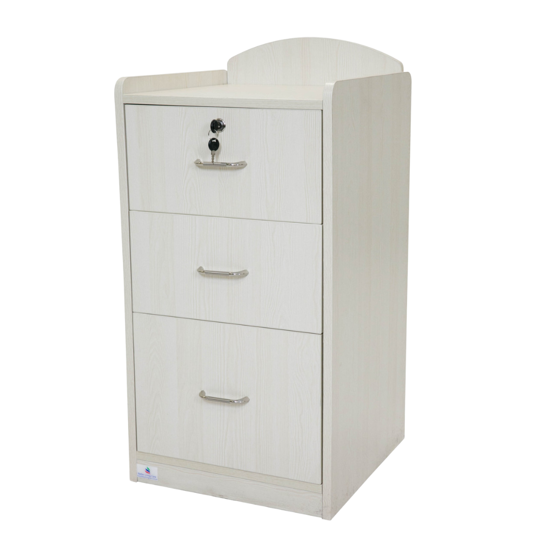 Beech woodgrain bedside cabinet with single-lock drawer and castor wheels, designed for secure, mobile, and hygienic storage in healthcare and aged care settings.