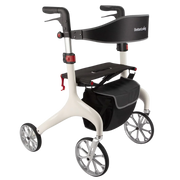 Lightweight carbon fibre rollator with ergonomic handles, seat, and smooth wheels designed to support safe, stable mobility for daily indoor and outdoor use.