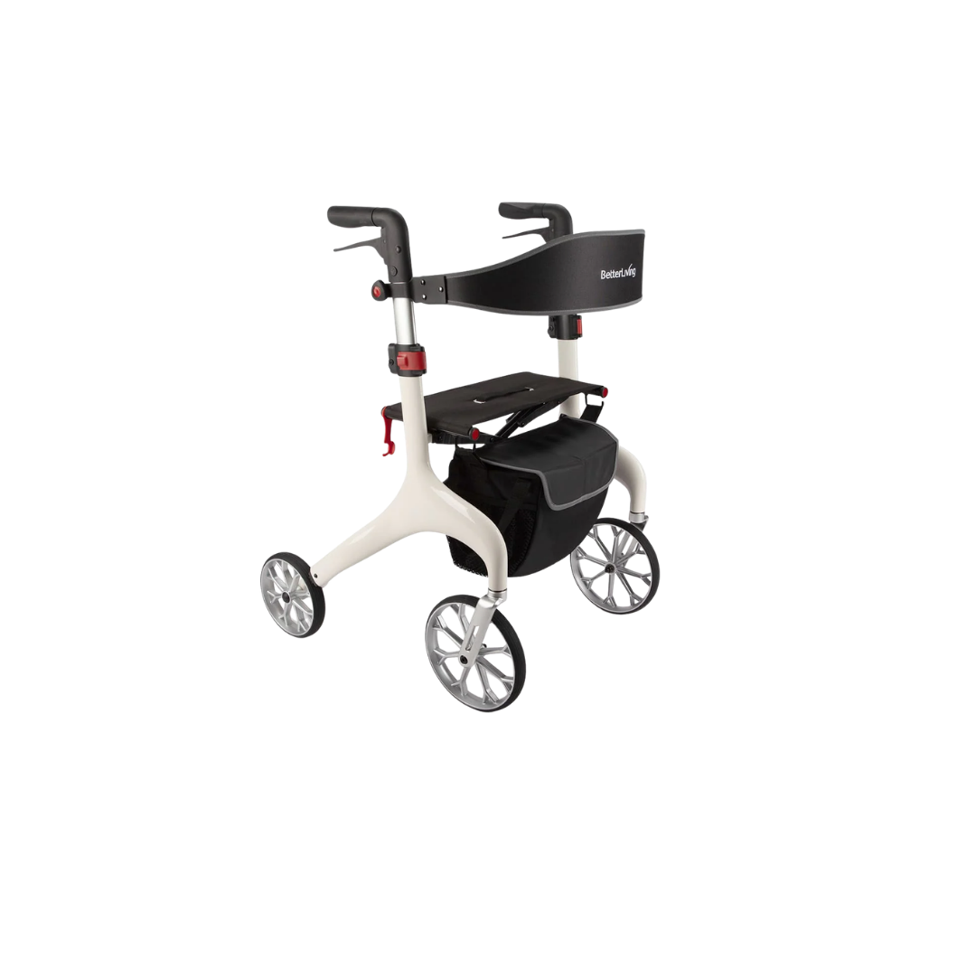 Lightweight carbon fibre rollator with ergonomic handles, seat, and smooth wheels designed to support safe, stable mobility for daily indoor and outdoor use.
