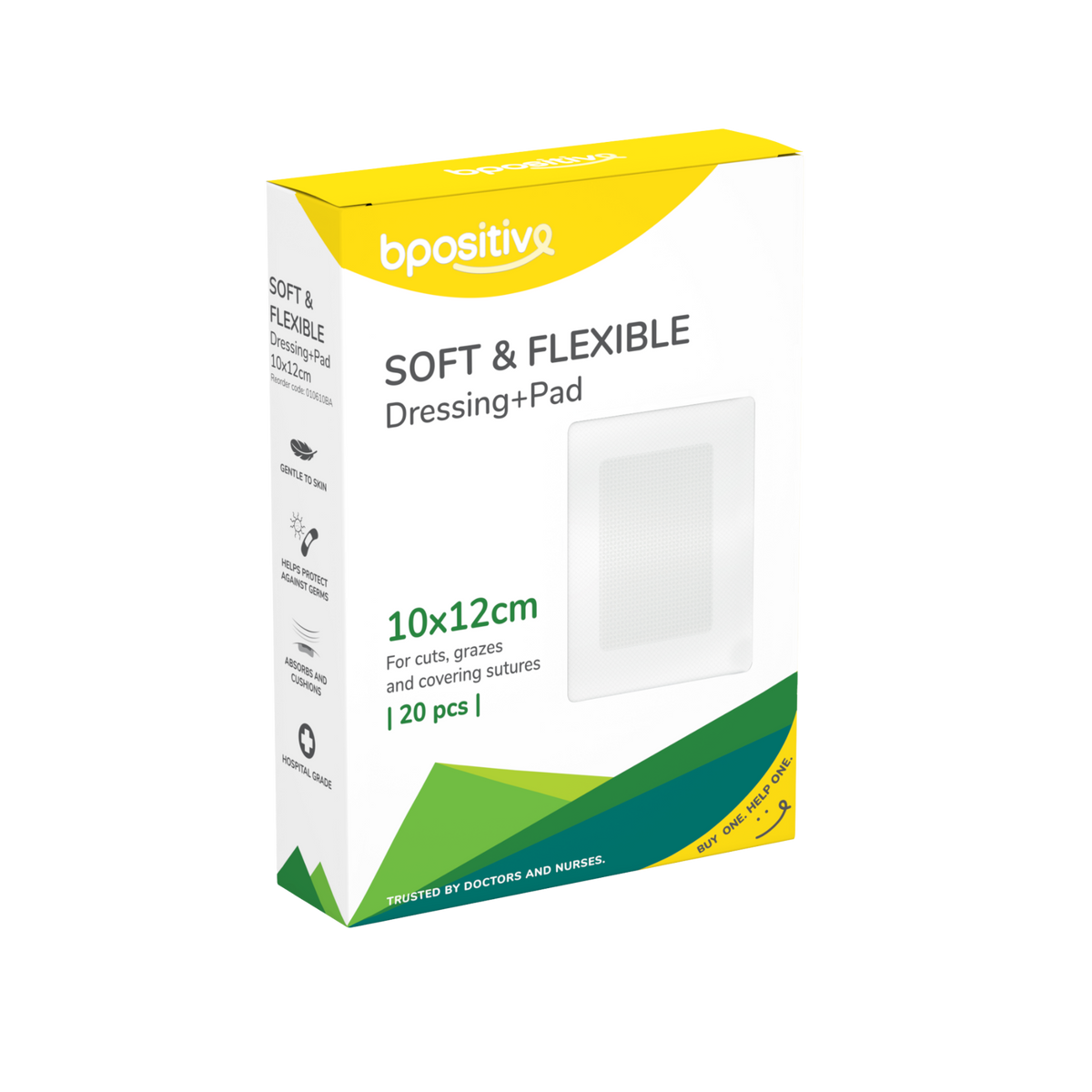 Product dispenser box for Bpositive Soft & Flexible Fabric Island Dressings with non-stick pads (10x12cm, 20 pcs), featuring green, yellow, and white branded packaging on a transparent background.