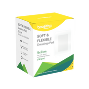 Product dispenser box for Bpositive Soft & Flexible Fabric Island Dressings (5x7cm, 50 pcs), featuring green, yellow, and white branded packaging on a transparent background.