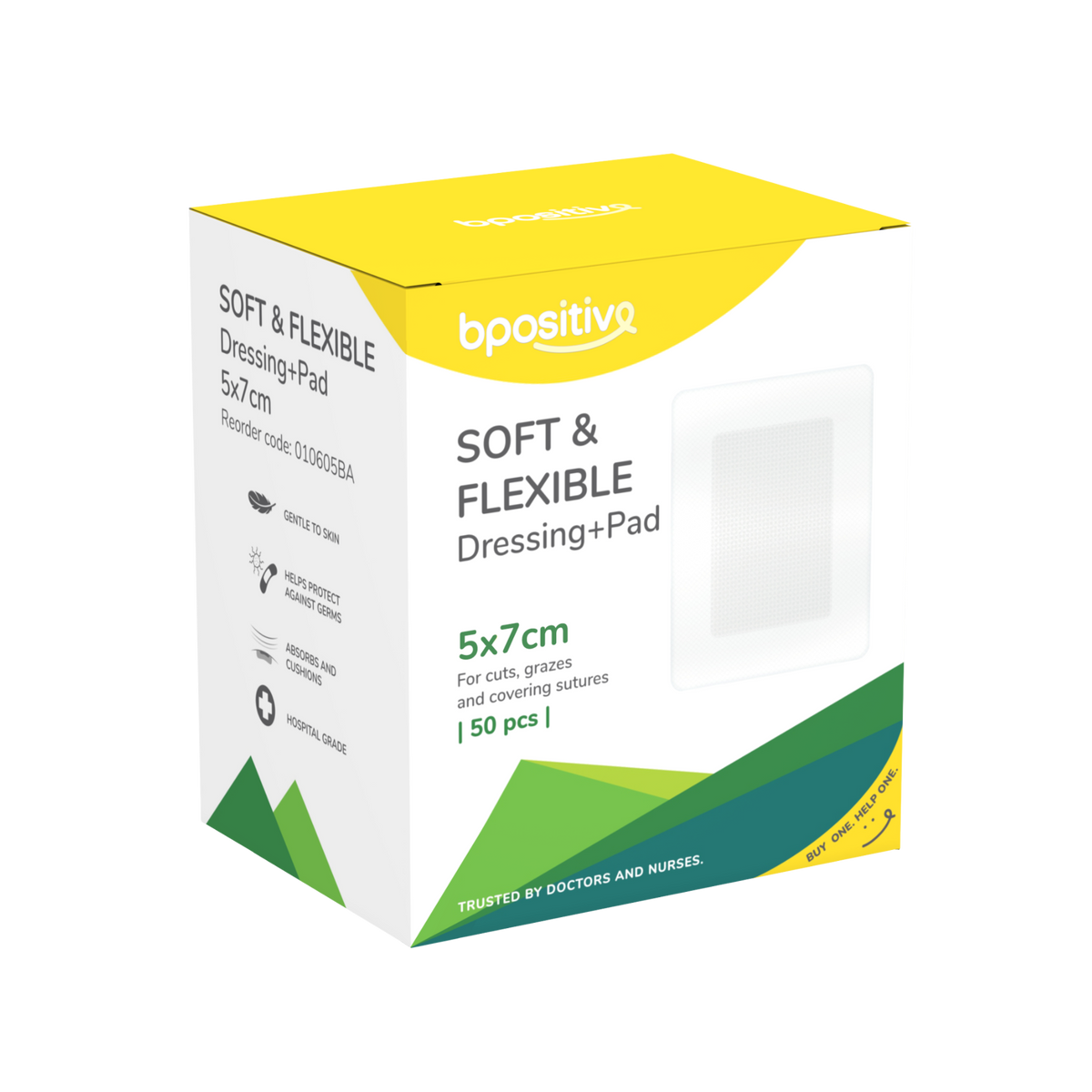 Product dispenser box for Bpositive Soft & Flexible Fabric Island Dressings (5x7cm, 50 pcs), featuring green, yellow, and white branded packaging on a transparent background.