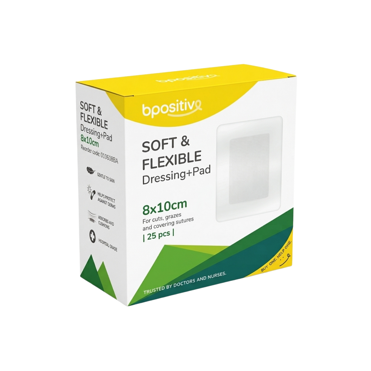 Product dispenser box for Bpositive Soft & Flexible Fabric Island Dressings with non-stick pads (8x10cm, 25 pcs), featuring green, yellow, and white branded packaging on a transparent background.