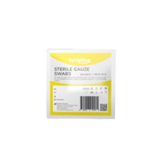 Sealed white and yellow paper peel pouch containing Bpositive Sterile Gauze Swabs (10x10cm, pack of 5), showing product labeling, barcode, and usage symbols on a transparent background.