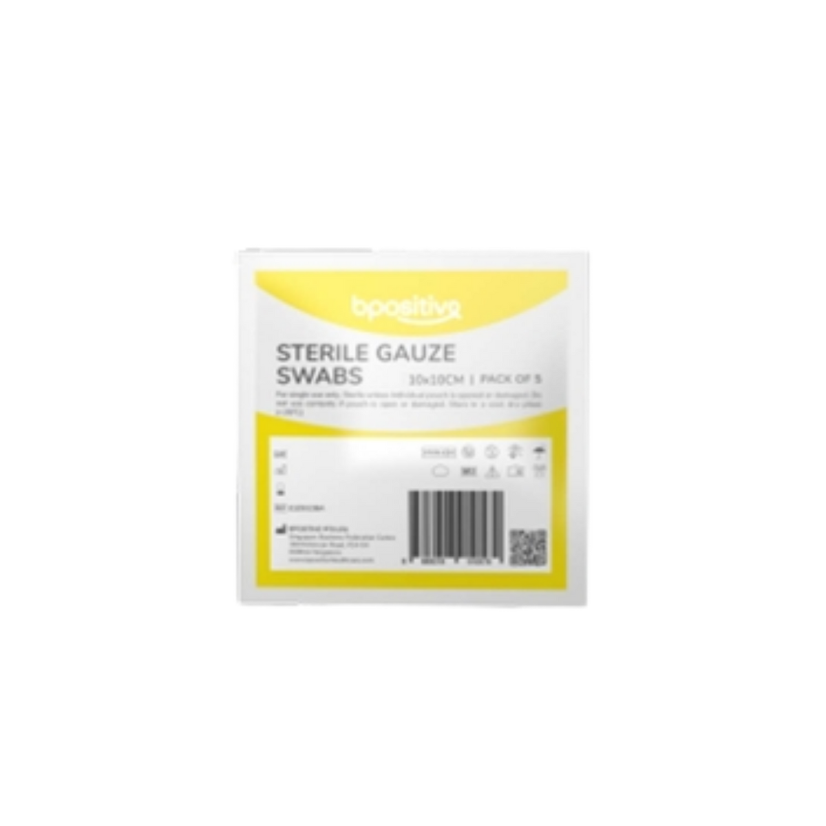 Sealed white and yellow paper peel pouch containing Bpositive Sterile Gauze Swabs (10x10cm, pack of 5), showing product labeling, barcode, and usage symbols on a transparent background.