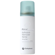 A bottle of Brava Adhesive Remover Spray by Coloplast, with a white label and a blue cap.