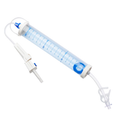 Sterile single-use burette infusion set, 150mL chamber, needleless access site, safety shutoff valve, 25cm tubing for accurate IV fluid administration.