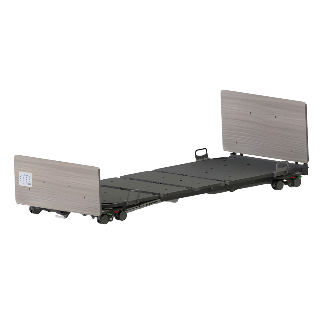 CB12 Floorline Bed in Single and King Single variants, available in Tas Oak, Sublime Teak, and Ash Brown finishes, designed for safe patient care.