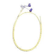 Coiled CORFLO 6Fr neonatal nasogastric feeding tube featuring yellow tubing and a purple and clear ENFit connector end.