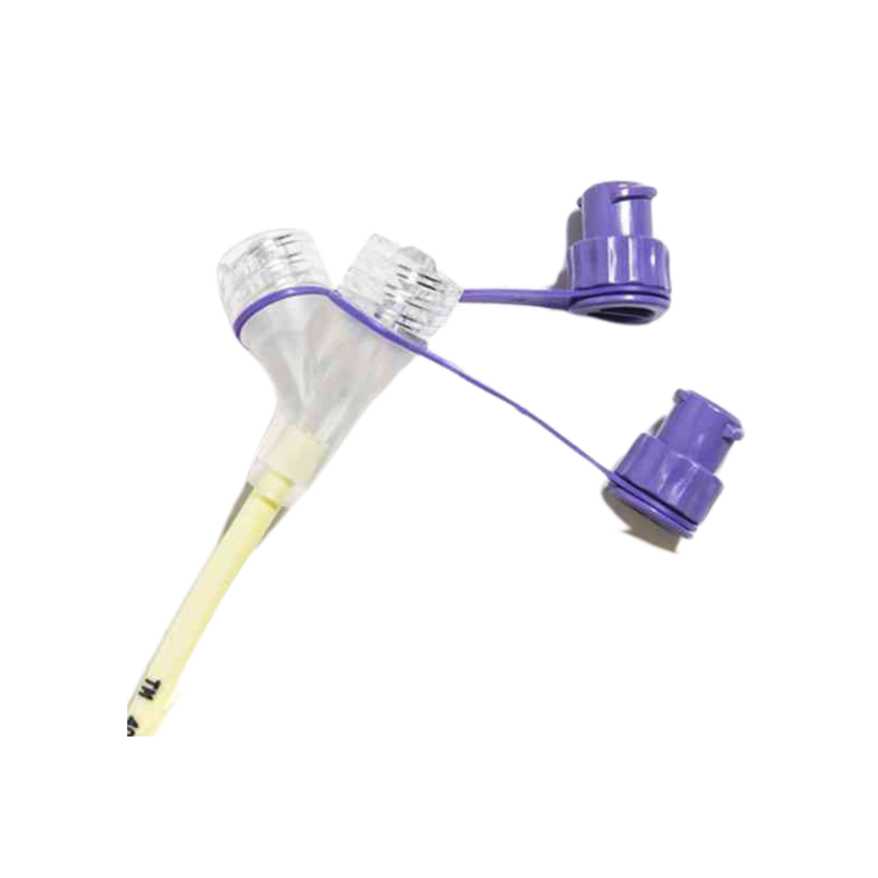 Close-up view of the purple ENFit connector assembly and yellow tubing section of a CORFLO 6Fr neonatal nasogastric feeding tube on a transparent background.