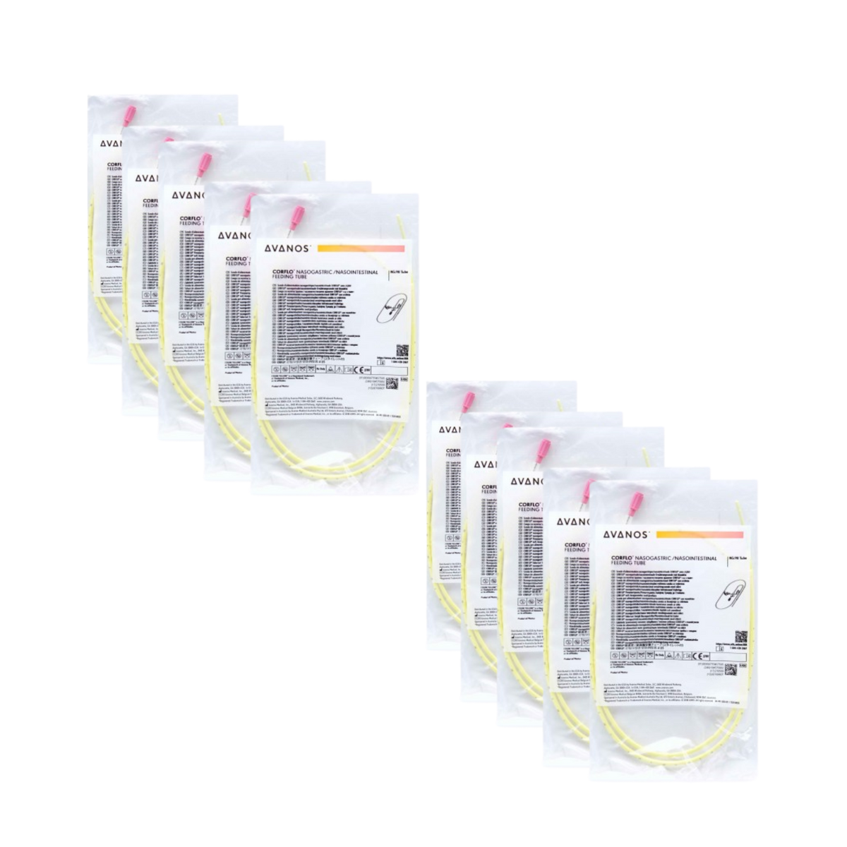 Ten packaged AVANOS CORFLO nasogastric feeding tubes arranged in two staggered rows of five on a transparent checkered background.