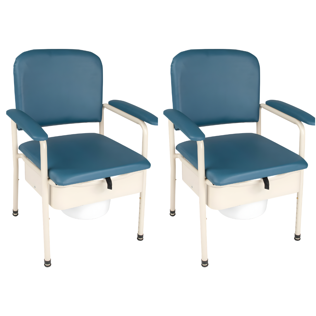 Care Quip Bedside Commode with Pan Deluxe Padded offers comfort, durability, and hygiene with padded seat, armrests, and removable pan for bedside toileting.
