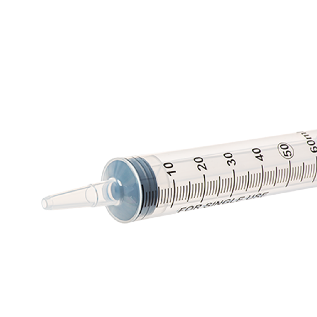 Sterile single-use catheter tip syringe, 60mL capacity, without needle, clear barrel with bold markings for accurate fluid administration and irrigation.
