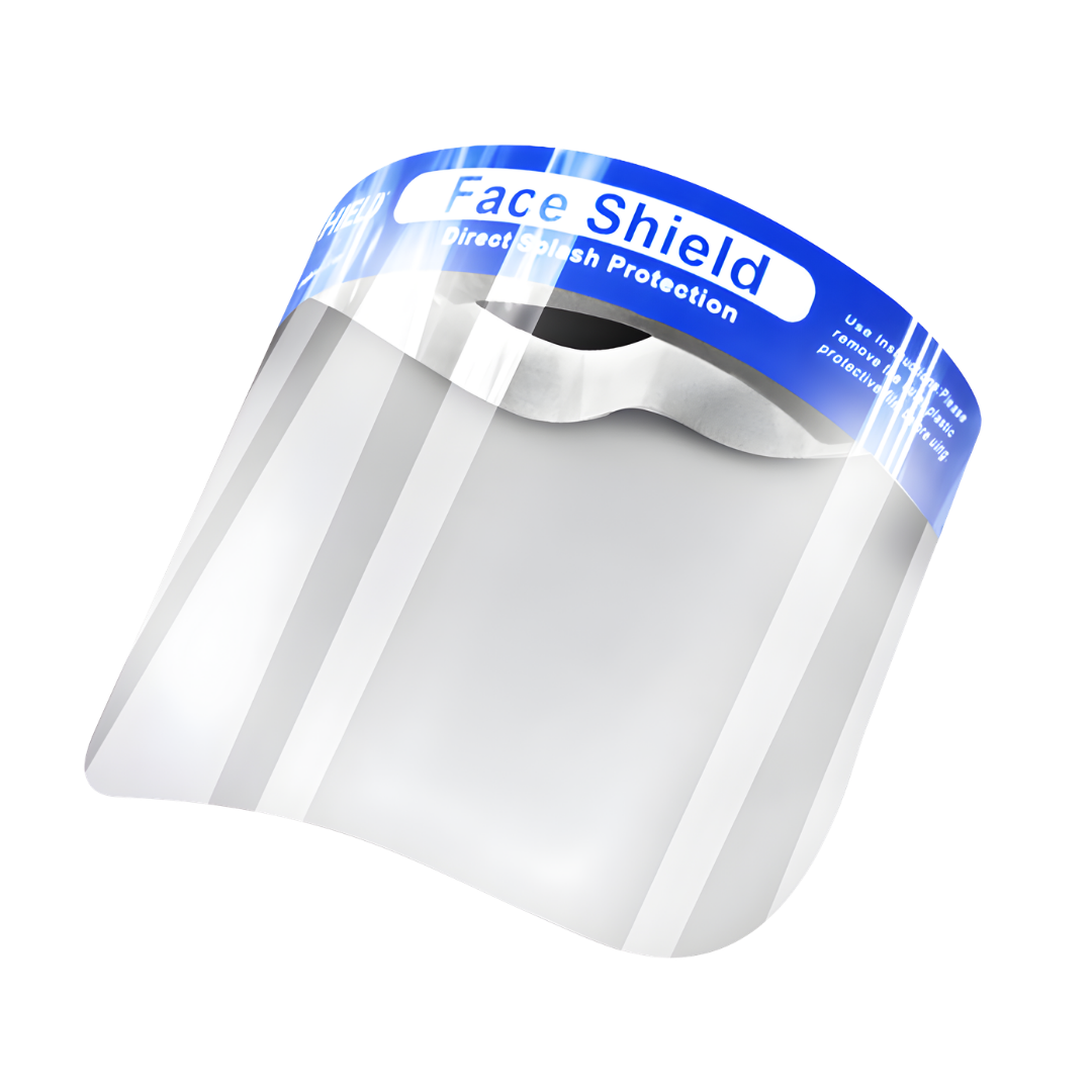 Clear face shield with headband provides full facial coverage and splash protection with lightweight comfort for healthcare workplace use