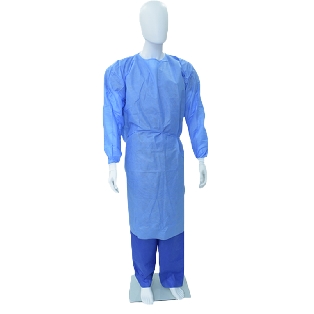 Clearview SMS isolation gown with knitted cuffs, blue 40gsm fabric, full back coverage and ties for secure infection control protection.