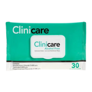 Clinicare Alcohol Free Instrument Grade Disinfectant Wipe in soft pack, designed for safe, non-alcohol surface disinfection in hospitals, aged care, and medical environments.