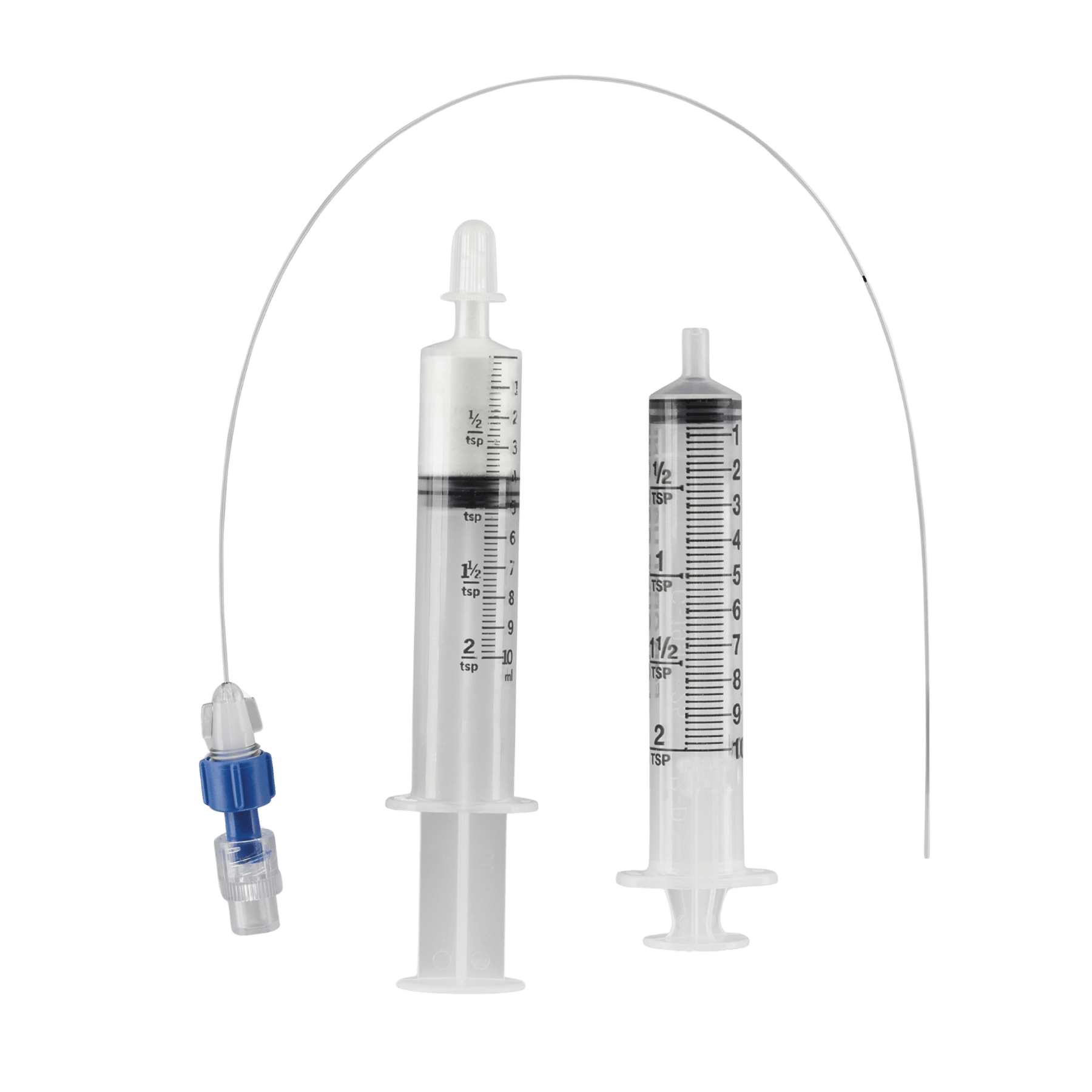 An AVANOS Clog Zapper enteral feeding tube declogging kit featuring two clear syringes with measurement markings, an ENFit connector adapter, and a long flexible catheter tube, set against a transparent checkered background.